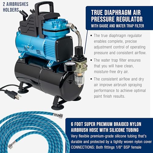 Image of Master Airbrush 1 /5 HP Cool-Runner Dual Fan Tank Air Compressor Kit | TC-426 - Professional Single-Piston with 2 Cooling Fans, Runs Longer without Overheating - Regulator Water Trap, Holder