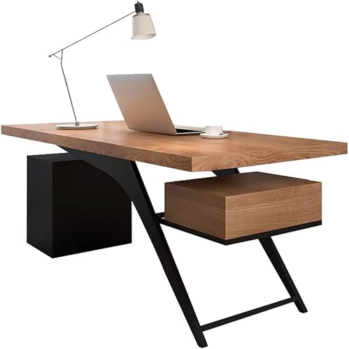 Escritorio para computadora de madera maciza para oficina en casa, escritorio de estudio, estación de trabajo con cajones y gabinete de