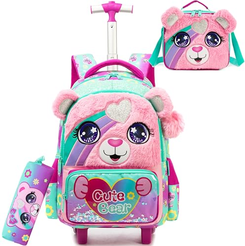 Kids Cute Pink Bear Rolling Backpack with Wheels for Girls School Rolling Backpack Kids Travel Luggage for Girls Ages 5-12 - Main Image