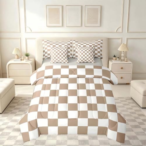 Image of Feelyou Checkered Queen Comforter Set with Sheets for Kids Boys Girls Brown Plaid 7 Pieces Bedding Set Vintage Checkerboard Geometric Bed in a Bag Reversible Grey Room Decor Soft