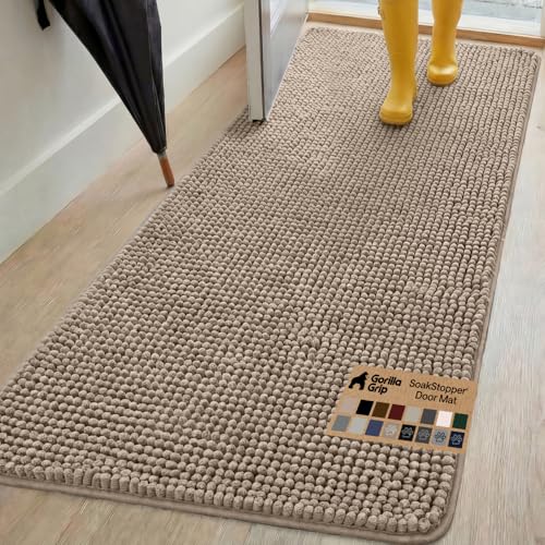 Image of GORILLA GRIP SoakSTOPPER Dog Door Mat, 70x24 Machine Washable Rug Absorbent Doormat Captures Moisture Mud Dirt, Quick Dry Soft Chenille Entryway Rugs Indoor Entrance Mats for Dog Paws, Beige