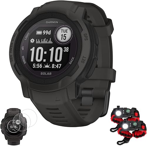 Garmin 010-02627-11 Instinct 2 Reloj inteligente GPS solar de 1.772in, paquete gris niebla con Deco Essentials, 2 pulseras tácticas de paracaídas de
