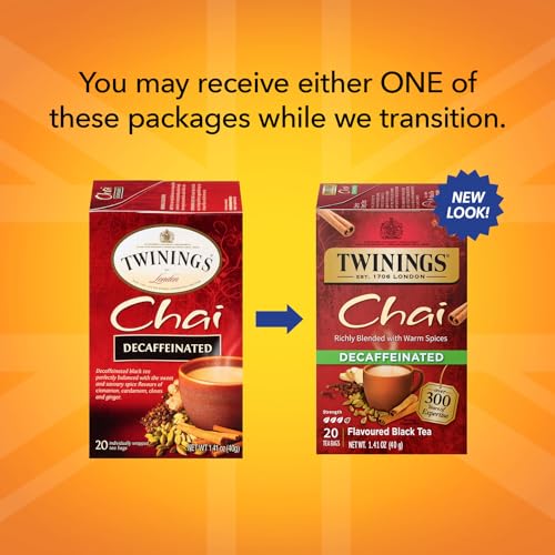 Image of Twinings Decaffeinated Chai Tea, Black Tea Blend with Cinnamon, Ginger, Cardamon, Cloves for a Sweet and Spicy Flavor, 20 Count