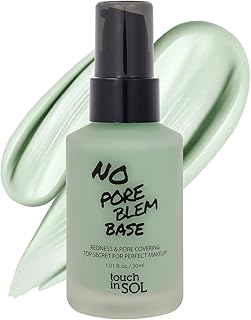 TOUCH IN SOL Redness Correcting Base Primer 1.01 fl.oz. - Pore Minimizing Green Toned Makeup Base - Tone Neutralizing before Foundation - Minimize Rosacea, Redness - No Pore Blem Primer Base