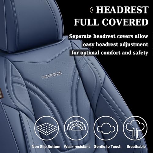 Image of Coverado Car Seat Covers Full Set, 5 Piece Car Seat Protector with Lumbar Support & Removable Headrest, Breathable Leather Front Rear Seat Cushion Universal Fit for Truck Automotive Blue