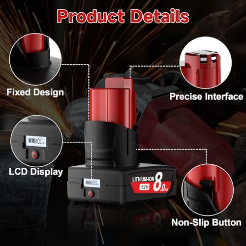 Image of 2Pack 8.0Ah Replacement for Milwaukee M12 Battery Charger Kit 12V Lithium Batteries with LCD Display Compatible with 12 Volt 48-11-2420 48-11-2401 48-11-2402 48-11-2430 48-11-2440 Cordless Power Tools