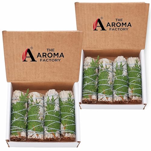 Image of The Aroma Factory Natural White Sage with Himalayan Cedar Dry Leaves 8 Bundles (6 Inch x 30g Each) 1 Box (Cedar White Sage Bundles, Pack of 8)