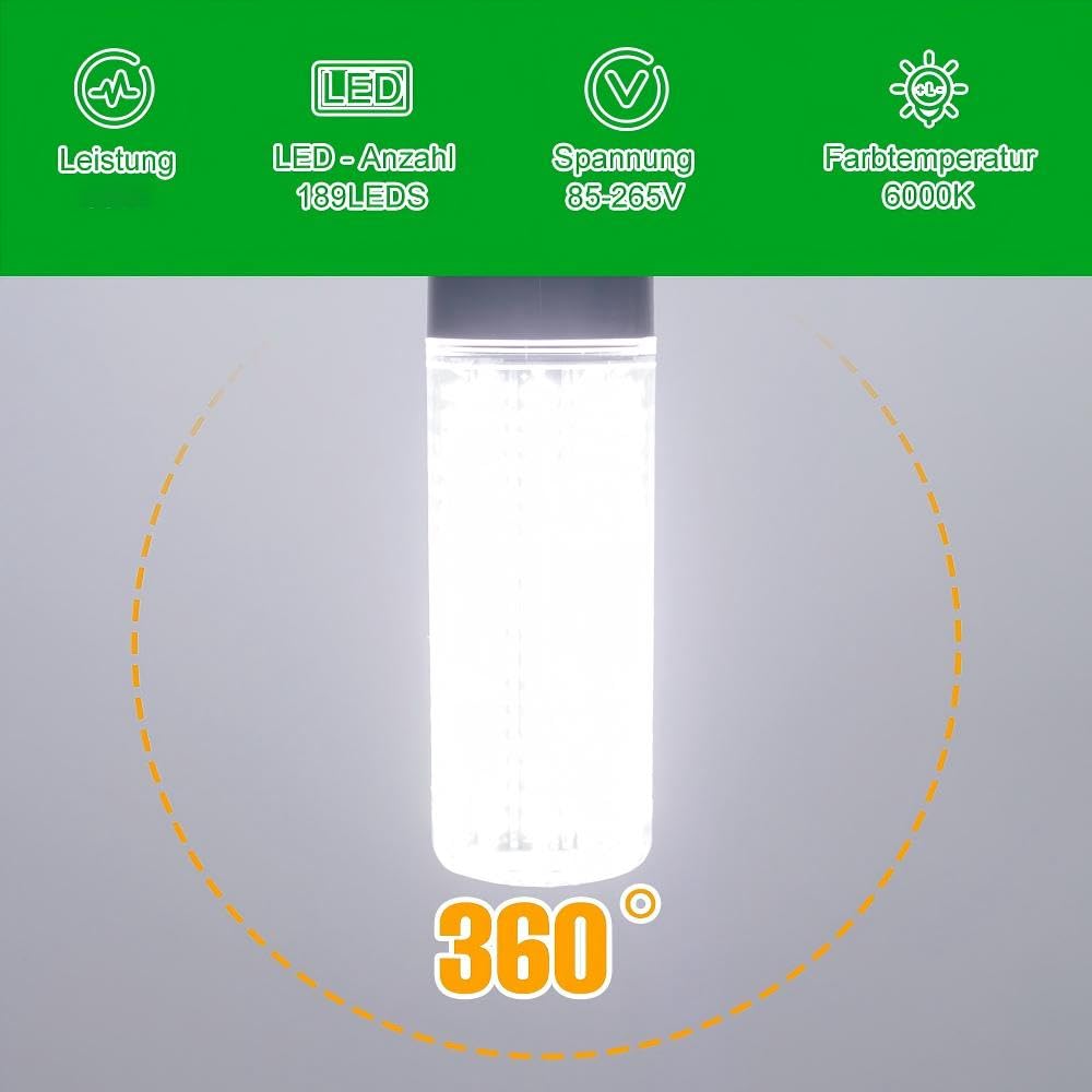 WENNI 6er-Pack E27 Lampe Tatsächliche Leistung 15W 6000K Tageslichtweiß Glühbirne 220V Maiskolben 189 LEDs Mais Leuchtmittel 85-265V für Werkstatt Garage Keller LED-Beleuchtung 2 Jahre Garantie