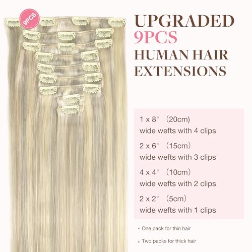 Image of GOO GOO Clip in Hair Extensions Real Human Hair, Remy Human Hair Extensions Clip ins for Women, Natural Human Hair, 16inch 150g 9Pcs, 17A /60A Ash Blonde Highlighted Platinum Blonde
