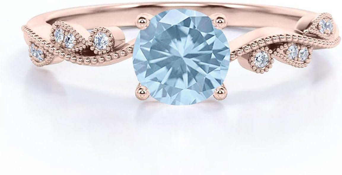 Aihpos 1ct 1.5ct 2ct Aquamarine Engagement Ring - Round Aquamarine Rings for Women White Yellow Rose 10K 14K 18K Gold 925 Sterling Silver with Moissanite Aquamarine Proposal Ring