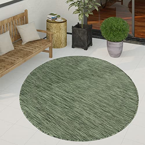 Paco Home Outdoor Teppich wetterfest & pflegeleicht Flachgewebe in Sisal-Optik mit Bordüre UV-beständig Modern für Balkon, Terrasse, Garten, Wohnzimmer, Grösse:80 cm Rund, Farbe:Grün