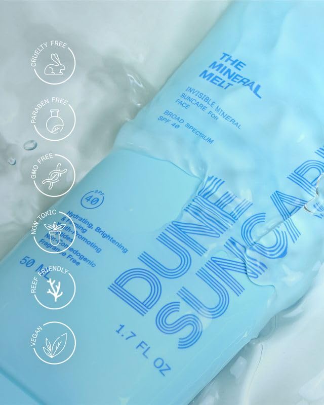 DUNE SUNCARE The Mineral Melt SPF 40 – Sheer Mineral Face Sunscreen, Broad Spectrum UVA/UVB, No White Cast, Fragrance-Free, Hydrating Anti-Aging Sunblock with Peptides & Vitamin E, 1.7 Fl Oz