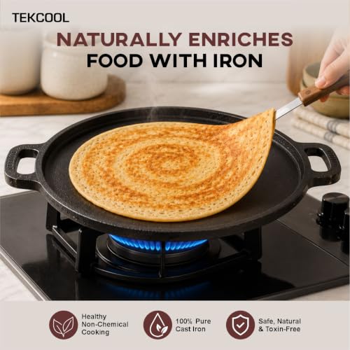 Image of TEKCOOL Cast Iron Tawa for Roti and Dosa 12 Inch, Pre-Seasoned Cookware | Even Heating, Naturally Non-Stick, Iron Rich Cooking, Durable Build Pre-Seasoned