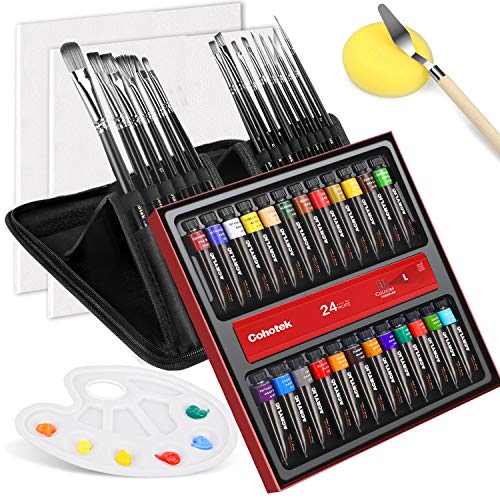 Cohotek Set Colori Acrilici, Set Pittura Acrilica 24 Colori con Pennelli per Pittura, Spugne, Spatola, Tavolozza e Tele - Ottimo per i Principianti, Studenti & Artista (Non Sbiadire & Non Tossici)