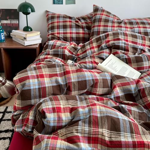 Image of EAVD Vintage Red Brown Buffalo Plaid Duvet Cover Full 100% Wasehd Cotton Plaid Bedding Set with Grid Checkered Pattern Farmhouse Gingham Duvet Cover with Zipper Closure 2 Pillowcases for All-Season