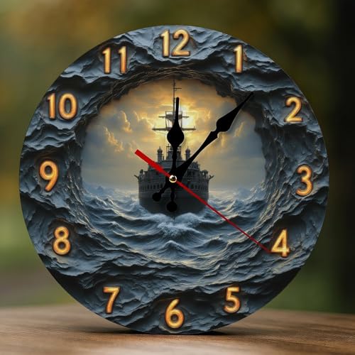 TZTTZT Reloj de pared con estampado de barco pirata oscuro para decoración de sala de estar, funciona con pilas, silencioso, sin tictac, 10 pulgadas, impresión 2D, reloj de pared moderno para