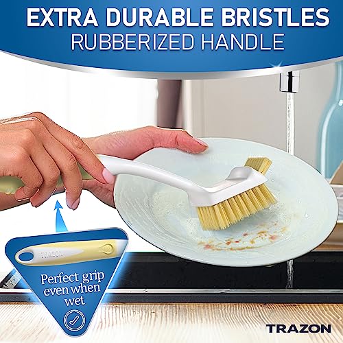 Image of Dish Brush Set of 5 with Holder - Kitchen Scrub Brushes with Non-Slip Long Handle for Cleaning, Scrubber, Dishwashing, Dishes, Bottles, Straws, Cups, Pots & Sink, Baige
