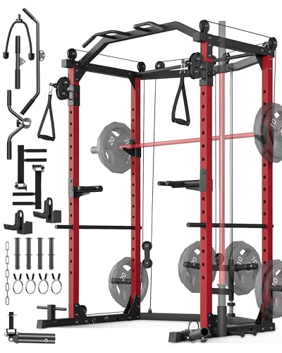 GarveeLife Power Cage, Multi-Functional Power Racks for Home Gym with Cable Crossover System, 1600 LBS Weight Capacity Fitness Squat Rack for Strength Workout with More Training Attachment, Red