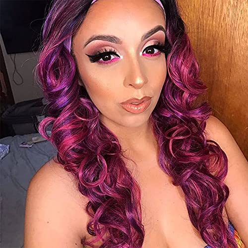AISI QUEENS Colorful Wigs for White Women Cosplay Wigs for Women Costume Wig Red Mix Purple Wig Long Wavy Wig Color Fun Wigs for Cosplay