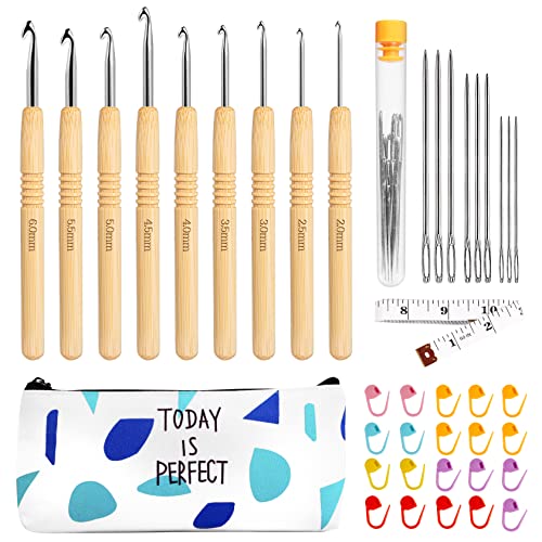 Qetlavee Häkelnadel Set, 9 Stück Häkelset Ergonomischer Griff Häkelnadeln mit Holzgriff von 2.0mm-8.0mm Crochet Set für arthritische Hände mit Tragbaren Tasche für Häkeln und Kunsthandwerk Cover