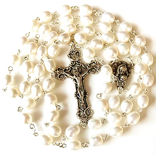 elegantmedical HANDMADE AAA 8-9MM Real Pearl NATURAL Pearls Rose Beads Rosary Crucifix Jesus Cross Catholic Necklace Box