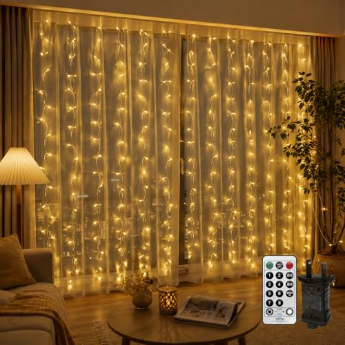CERIAL 4X2M Lichtvorhang Inner Außen mit Stecker 300LED Lichterkette Vorhang Fenster Diamant Hängende Wand Lichterkettes mit Fernbedienung Wasserdicht für Urlaub Hochzeit Raum Balkon Warmweiß