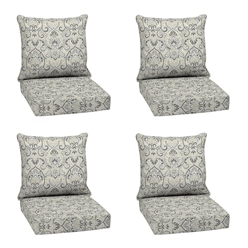 Arden Deep Seat Outdoor Chair Cushion Set (4-Pack), 24 in x 24 in, Weather-Proof, Rain-Proof, Fade Resistant Patio Cushion Set for Chair, Sofa, and Couch Neutral Aurora Damask