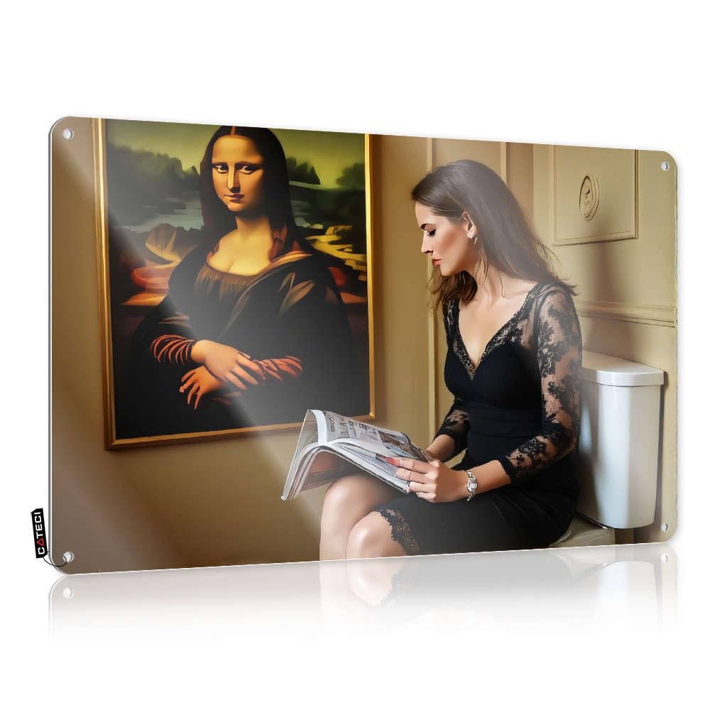 Sujd Colour A Woman In A Black Dress Reads A Magazine Next To A Painting Of The Mona Lisa. Sign Decore | Country Gift For Fisherman Decorative Wall Art(20X30cm)