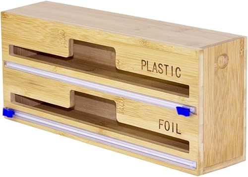 Dispensador de envoltura de plástico 3 en 1 con cortador deslizante, dispensador de envoltura recargable de rollo de bambú adecuado para envoltura