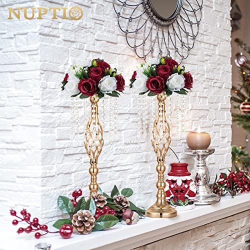 Image of NUPTIO Flower Wedding Centrepieces for Tables - 6 Pcs 9.5in Diameter Burgundy & White Artificial Flowers Rose Ball for Centerpieces Table - Fake Rose Arrangements for Weddings Birthday Party Decor