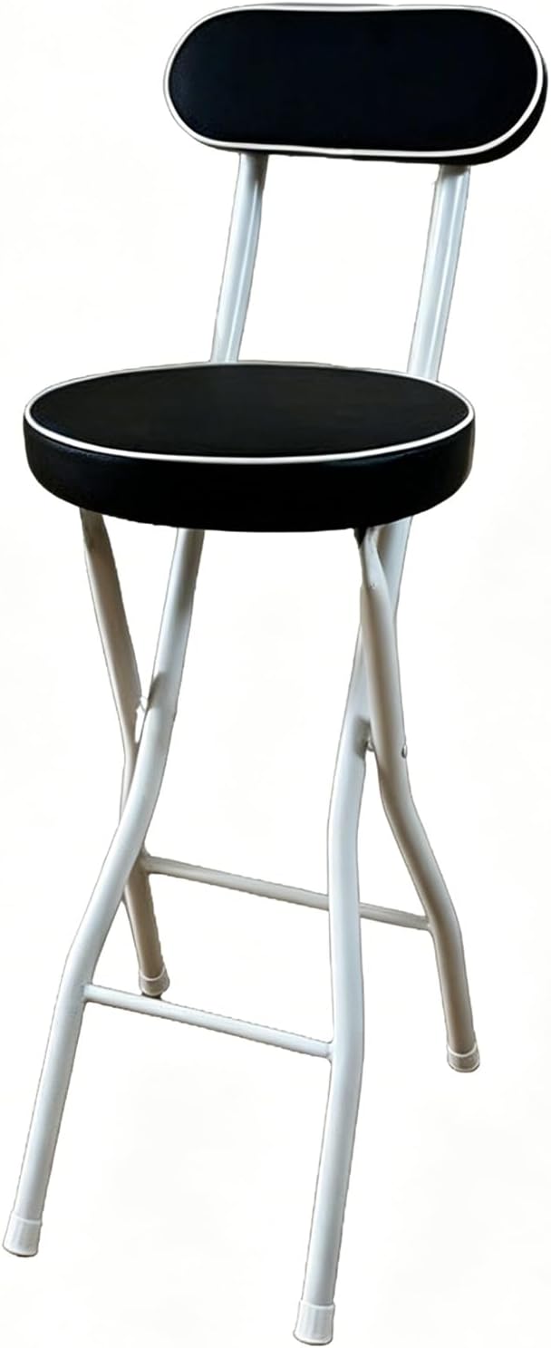 Folding Stool with Backrest, Round Leather Padded Portable Folding Chair, Home Office Chair, Suitable for Kitchen Islands, Cafes, Restaurants Black legs - Black surface 26x40x55cm/10.2x15.7x21.7in