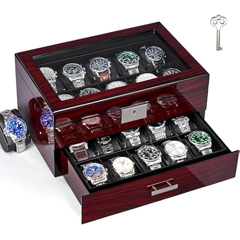ANWBROAD Watch Box 20 Slot Watch Cases for Men with Large Glass Lid 2-Tier Watch Display Case Lockable Wooden Watch Organizer Luxurious Watch Holder for Women UJWB002Y Cover