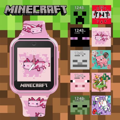 Minecraft Kids Smartwatch – Pink Axolotl Design, 10 Watch Faces, Step Counter, Selfie Camera, Calculator, Games, Voice Recorder, Alarm & Timer, Printed Silicone Straps – Fits Wrists 5.5"-8.0"3