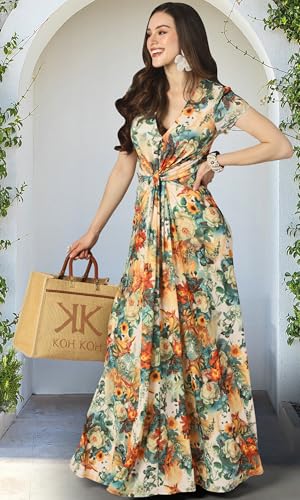 Image of KOH KOH Womens Long Flowy Cap Sleeve Empire Waist Cocktail Maxi Dress Gown