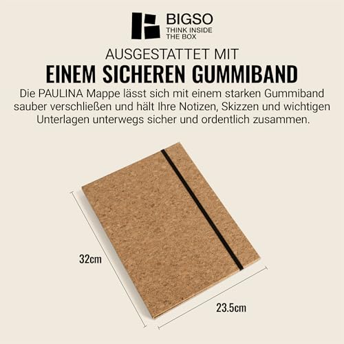 BIGSO PAULINA A4 Mappe – Aufbewahrungsbox mit Gummiband – Schreibtischablage für Dokumente, Akten & Unterlagen – Aktenmappe aus 100% recycelter Faserplatte und Papier – Kork