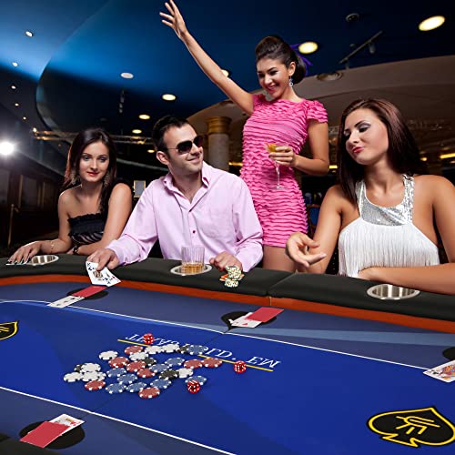 Koreyosh 10 Player Folding Poker Table 84'' Casino Poker Table Texas Holdem Poker Table Game Table With Stainless Steel Cup Holder(Blue) #TOP1
