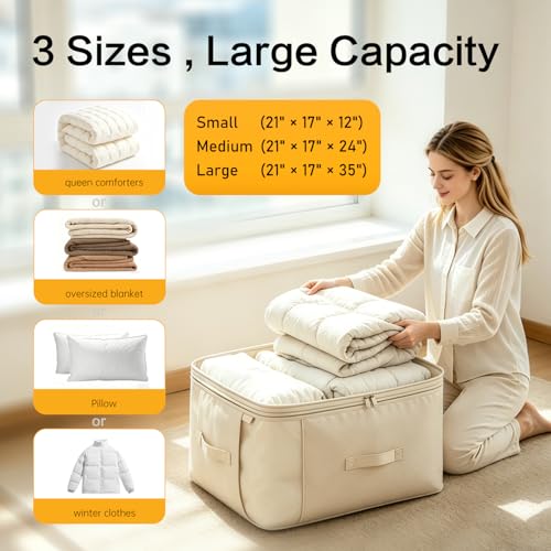 Image of Comforter Storage Bag, Large Capacity Blanket Storage Bags 2-Layer Ultra Space Saving Self Compression Organizer, Heavy Duty Space Saver Organizer for Bedding, Clothes, Blanket, 2-Pack, Beige