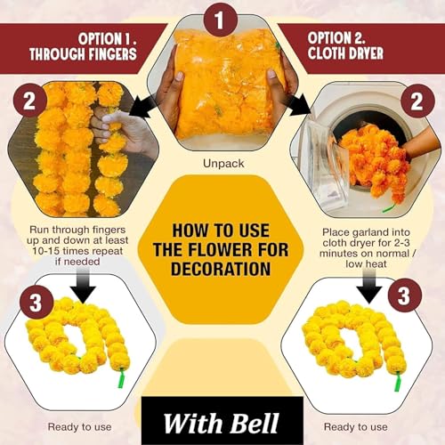 Image of Bindian Artificial Marigold Flower Toran 2.5 Ft Yellow with Leaf & Bells | Decorative Bandanwar for Diwali, Pooja, Wedding, Festival, Home Entrance & Wall Decoration (Pack of 10)