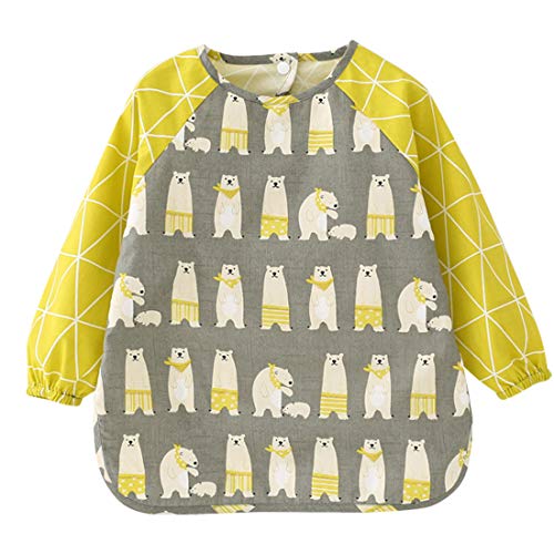 Babero para niños Delantal Unisex de Pintura Impermeable Babero bebé con Estampado Lindo Manga Larga alimentación Abrigo Oso Gris