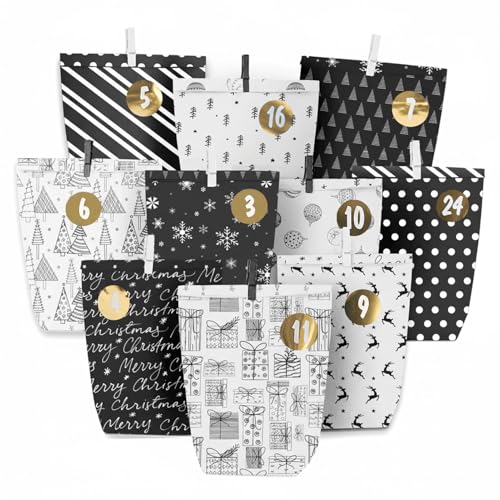 Adventskalender zum Befüllen, 24 Adventstüten zum Basteln, Weihnachtskalender zum Selbstbefüllen, Bedruckt Weihnachtstüten mit Zahlenaufkleber zum selber befuellbar (Schwarz)