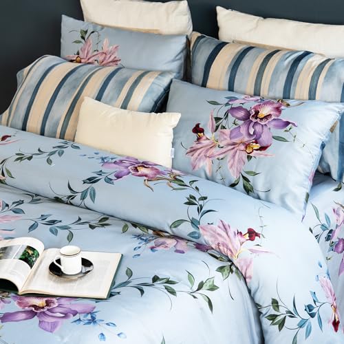 Image of Digitally Printed Premium Bedsheet Set | 300 TC 100% Cotton 1 Queen Bedsheet Set | Extra Smoothness with Sateen Weave| Orchid Blue Bedsheet Set (1 Flat Sheet + 2 Pillow Cases)