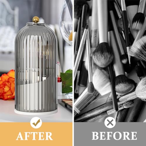 Image of MAYCREATE Plastic Cosmetics Makeup Brush Holder Organizer with Lid, 3-Grid Makeup Storage Case 360 Rotatable Dustproof Makeup Brushes Organizer Stand for Vanity Desktop Bathroom-Grey