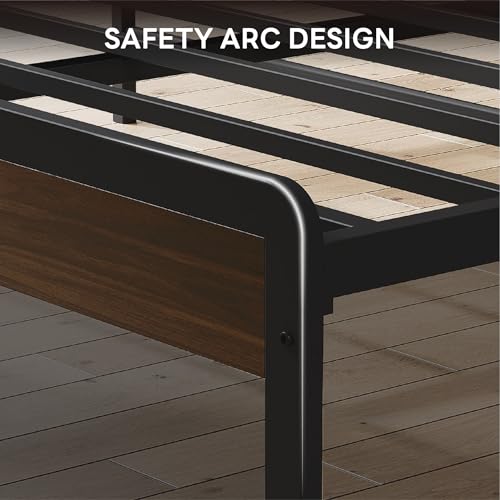 Image of LIKIMIO Queen Bed Frame with Headboard, Dark Wood Camas Queen with Strong Supports, Sturdy, Noise-Free, No Box Spring Needed, Dark Walnut