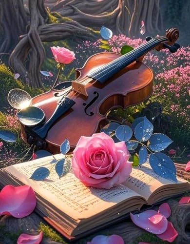 LFYNIORS DIY Bead Embroidery Kits Rosas Y Violín Kit De Bordado Con Para Punto De Cruz Con Hilo De Bordar Y Cuentas De Colores 40x50cm