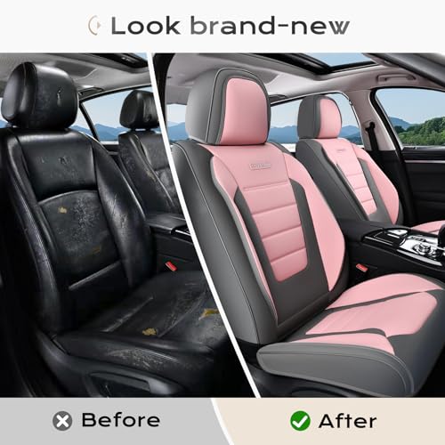 Image of Coverado Car Seat Covers Front, Seat Covers for Cars, Waterproof 2-Pack Car Seat Cushions, Leather Carseat Seat Protectors, Universal Seat Covers Fit for Most Sedans SUV Pick-up Trucks(Gray&Pink)