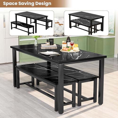 Modern 47'' Dining Table Set for 4 with Bench, Faux Marble, Black