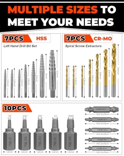 24 Piece Screw Extractor and Left Hand Drill Bits Set, Easy Out Screw Extractor Set with HSS Steel Reverse Drill Bit for Removing Stripped Damaged Broken Screw,Bolts,Nuts