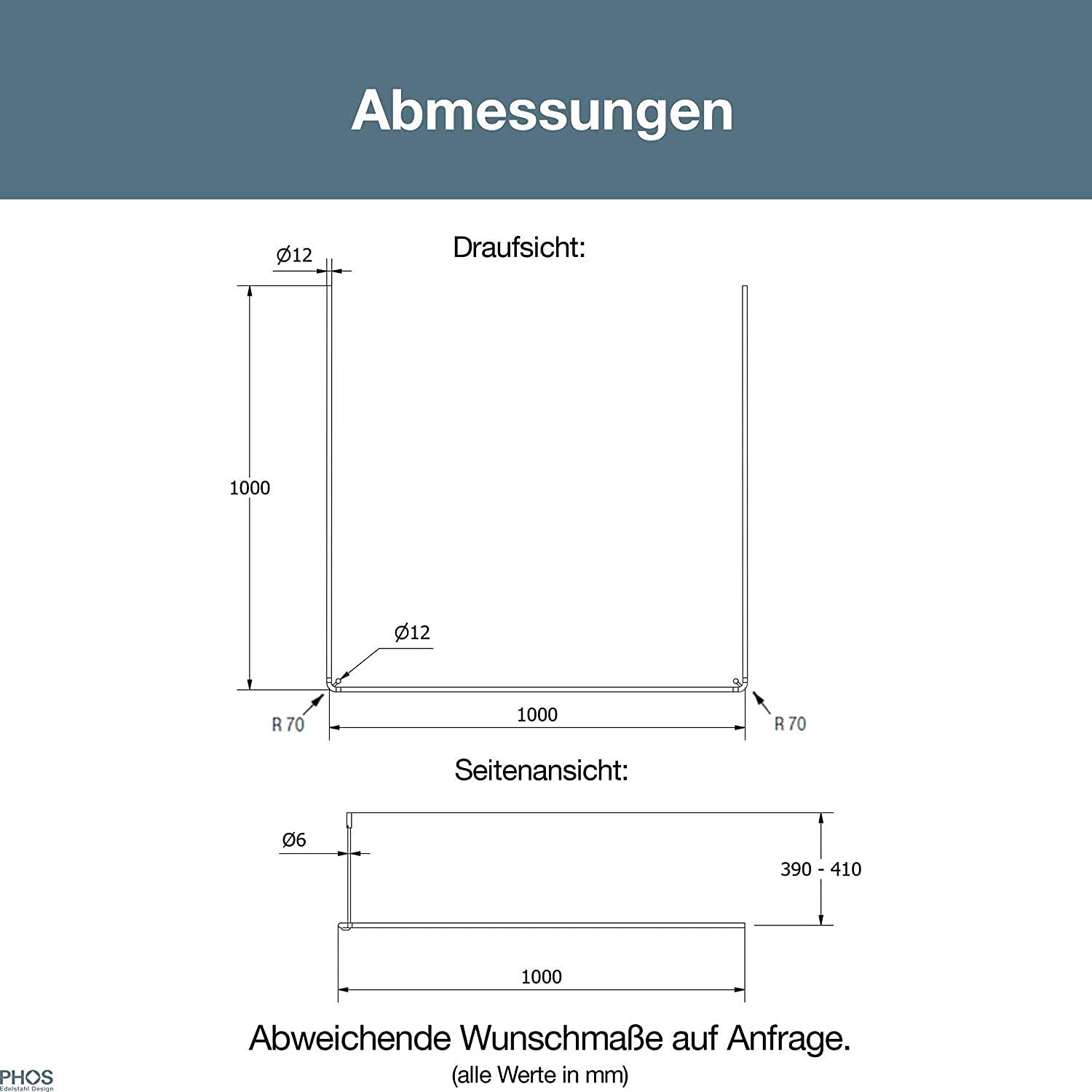 Duschvorhangstange in U-Form, 100 x 100 x 100 cm, Edelstahl matt gebürstet, Deckenträger mit Vorbeiziehfunktion, Duschstange, Duschvorhangschiene, Winkelstange - PHOS Design