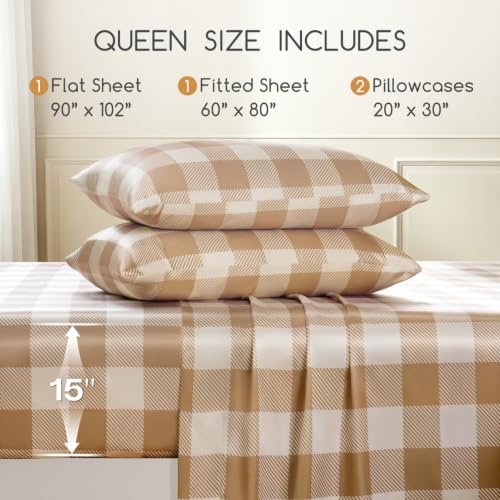 Image of MR&HM Satin Bed Sheets with Elastic Corner Straps, Queen Size Sheets Set, 4 Pcs Silky Bedding Set with 15 Inches Deep Pocket for Mattress (Queen, Latte Check)