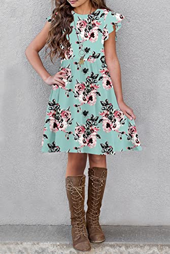 HOSIKA Girls Floral Dress Boho Ruffle Sleeve Pleated Casual Swing Dresses with Pockets for Kids 6-12 Years4